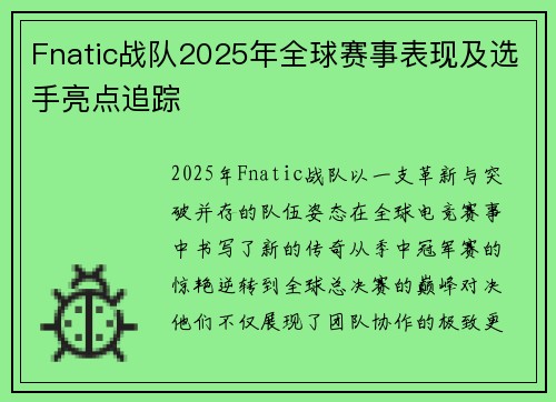 Fnatic战队2025年全球赛事表现及选手亮点追踪